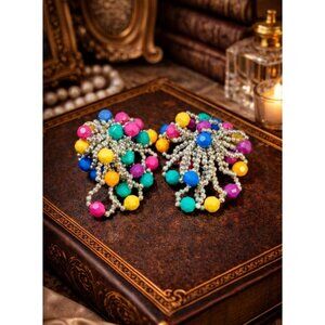 Vintage 60s Mod Psychedelic Clip On Earrings Colorful Beaded Fringe Statement